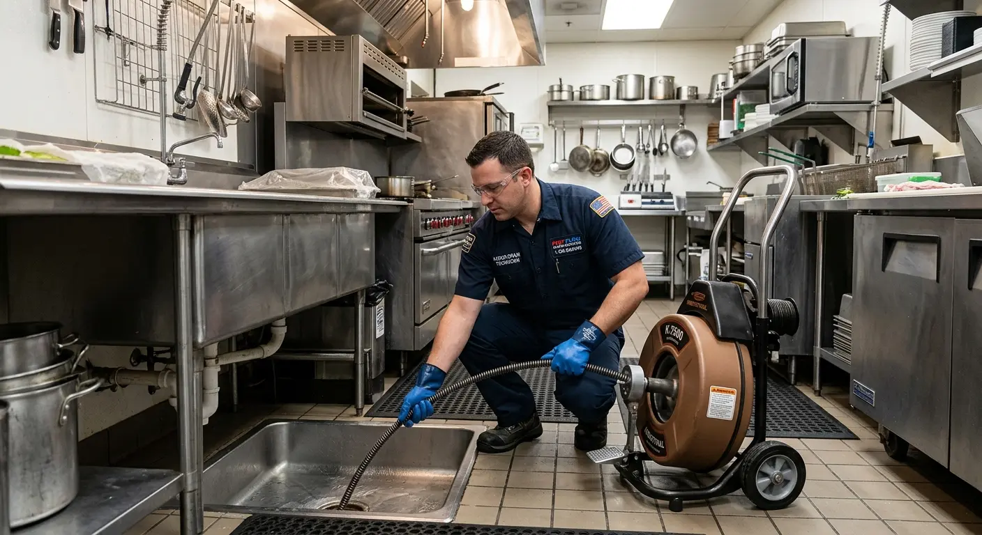 Commercial drain cleaning service in a restaurant kitchen in Acton