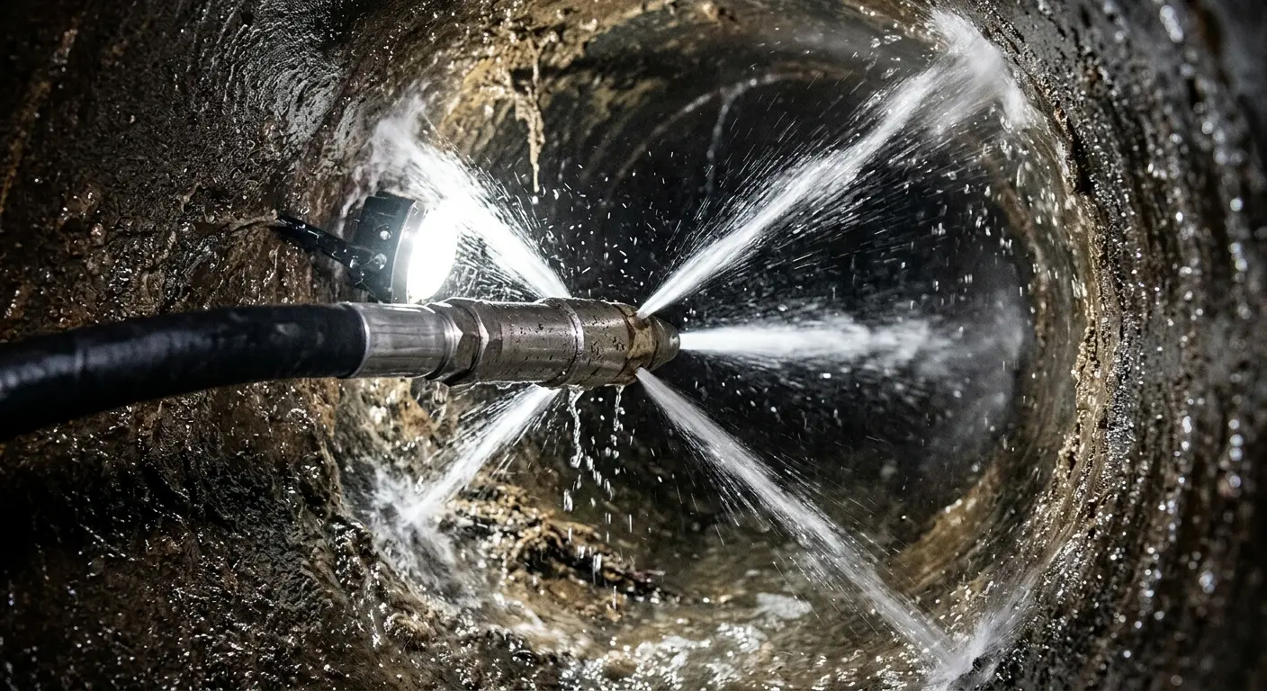 High-pressure hydro jetting nozzle cleaning sewer pipe for Trenchless Sewer Repair in Acton