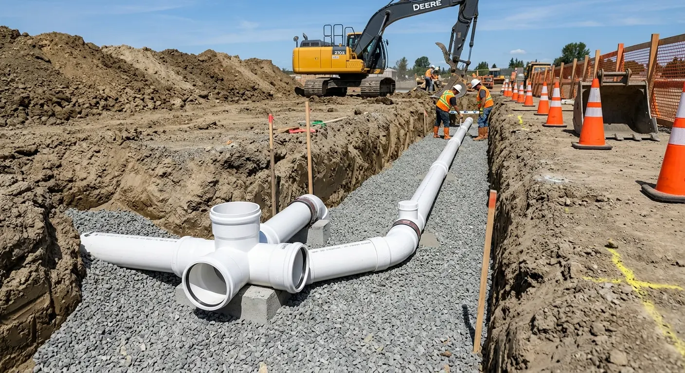 New PVC sewer pipe installation in open trench for Commercial Drain Cleaning in Acton